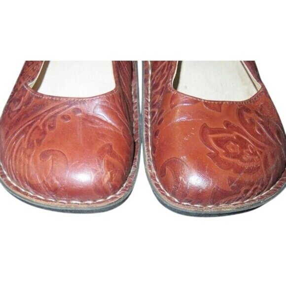 ALEGRIA Kourtney Brown Tooled Leather Platform Buckle Mary Janes size 37 or US 7 - Picture 2 of 11